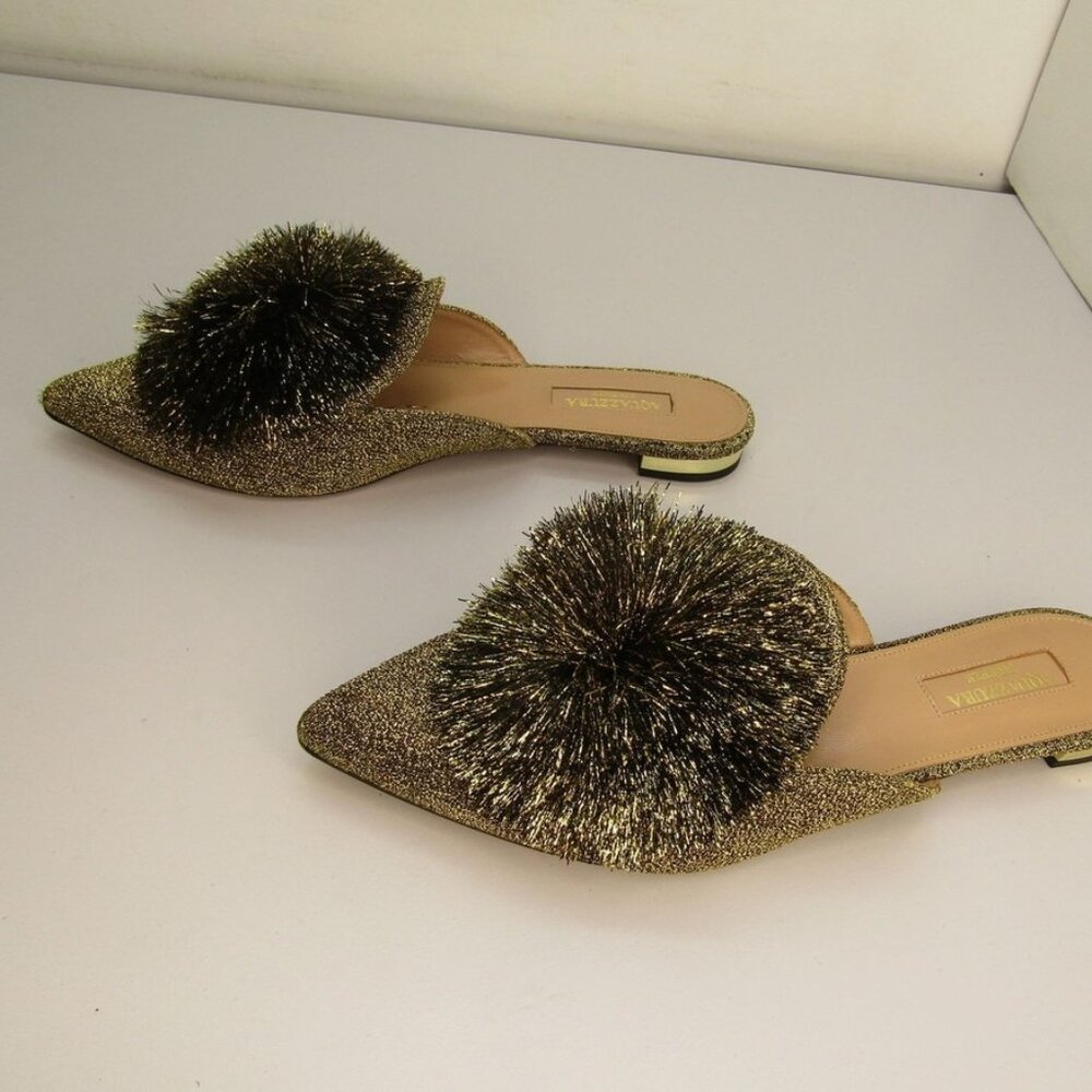 NEW AQUAZZURA Women’s Powder Puff Pom Pom Mules – Gold – Size 7
